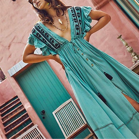 Free People Teal Midi Dress with Black Embroidery - Picture 3 of 8
